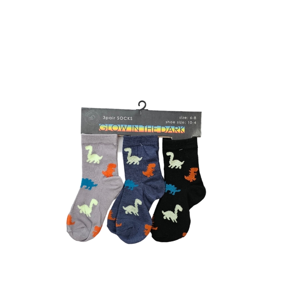 Kid Socks Glow in the Dark Dinosaurs Unisex 3 Pairs Gray Blue Black Size 6-8